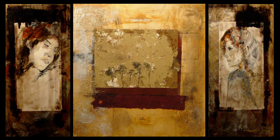Triptyque 1 - Portraits: 80x40 - Paysage 70x70 - Technique mixte sur toiles