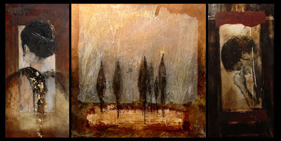 Triptyque 3 - Portraits: 80x40 - Paysage 70x70 - Technique mixte sur toiles