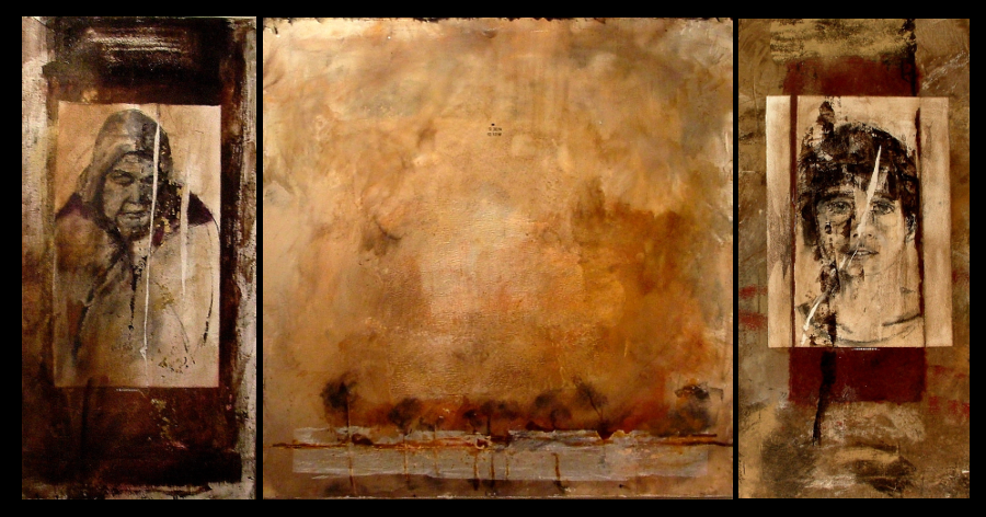 Triptyque 4 - Portraits: 80x40 - Paysage 70x70 - Technique mixte sur toiles