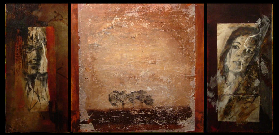 Triptyque 6 - Portraits: 80x40 - Paysage 70x70 - Technique mixte sur toiles